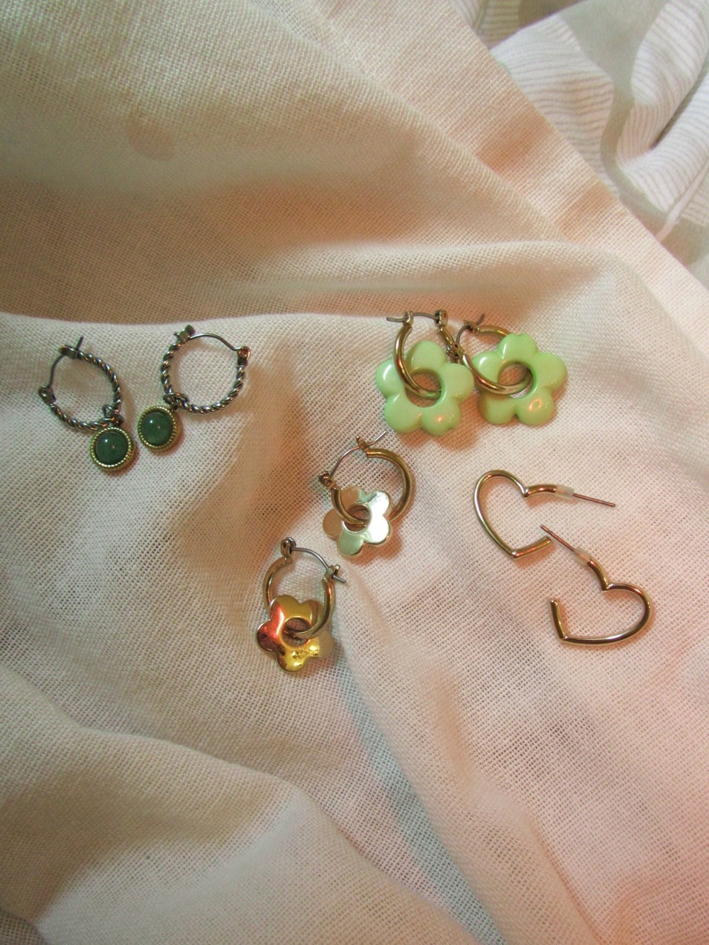 Earrings Bundle - Gold and Silver Toned - Hearts, Flowers, Green Stone